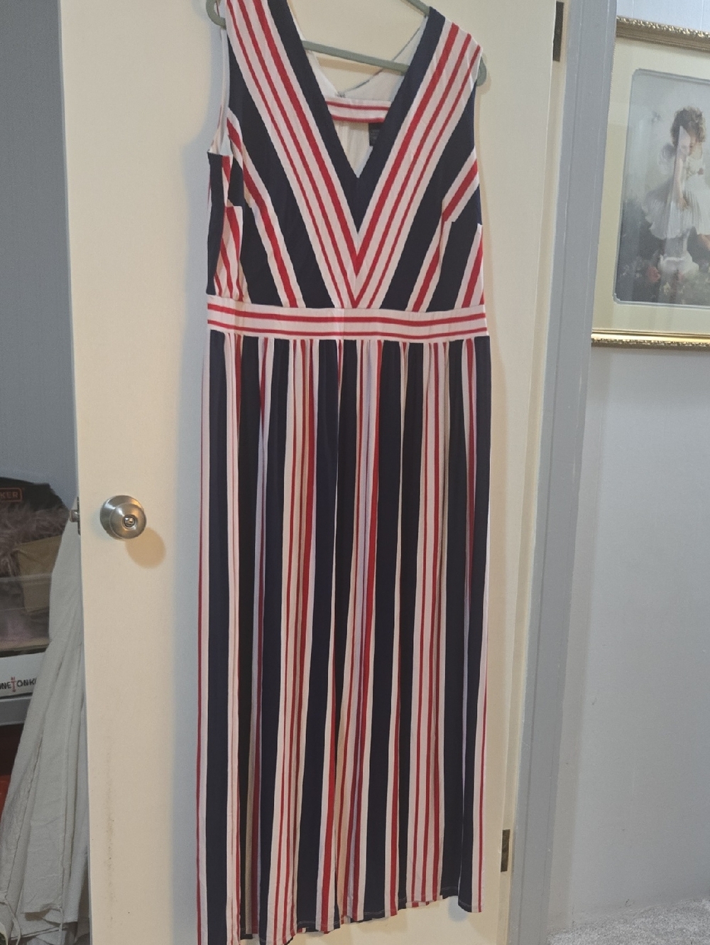 Ashley Stewart Sleeveless Striped V-Neck Maxi Dress in Navy, White & Red